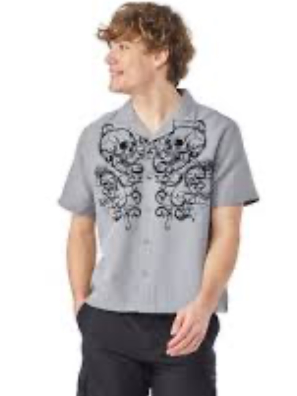 NWT Distortion Grey Skull Graphic Short-Sleeve Button Shirt Sizes L & XL